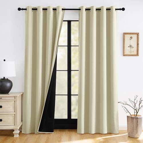 RYB HOME 100% Blackout Beige Curtains for Living Room, Heat Blocking Energy Efficient Farmhouse Window Drapes for Bedroom Nursery, 52 inches Wide by 84 inches Long, Light Beige, 2 Panels