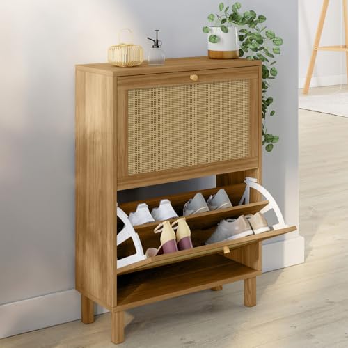 Meuble à chaussures 12 paires HANAE 2 portes effet naturel cannage - vue 3