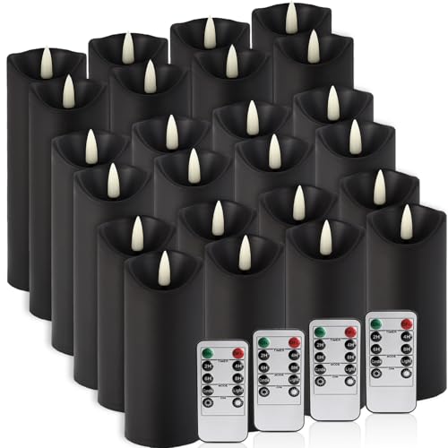 Image of 24-Pack Black Flameless LED Candles with Remote & Timer (3 Sizes) - Battery Operated Halloween Pillar Candles for Spooky Decor, Haunted House, Gothic Wedding, Holiday Centerpieces