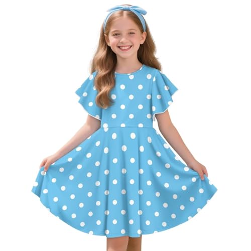 Casual Ruffle Sleeve Dress for Girls Elegant Formal Flowy Party Dresses A Line Crew Neck Summer Sundress for Birthday