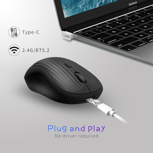 Image of ONE-UP Wireless Mouse, 2.4G + BT, Rechargeable Battery, 4-Key, DPI: 800 /1200 /1600, Silent, Type-C, USB Nano Receiver, Ergonomic, Portable, for Laptop, Chromebook, PC, Mac, Windows (Black)
