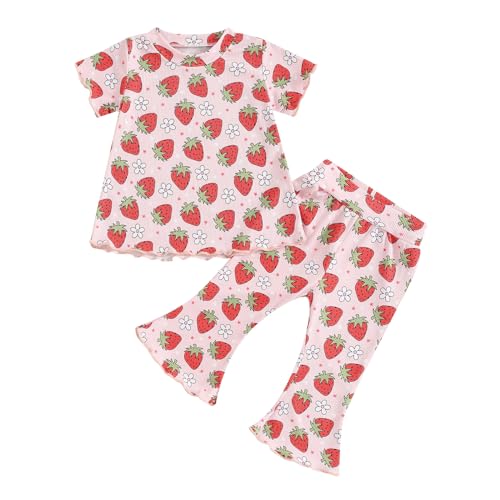 Image of PUHHAPIEY Toddler Baby Girl Clothes Ribbed Knit Floral Ruffle T-Shirt & Flare Pants Bell-bottoms Summer Fall Outfit Set (Pink Strawberry, 12-18 Months)