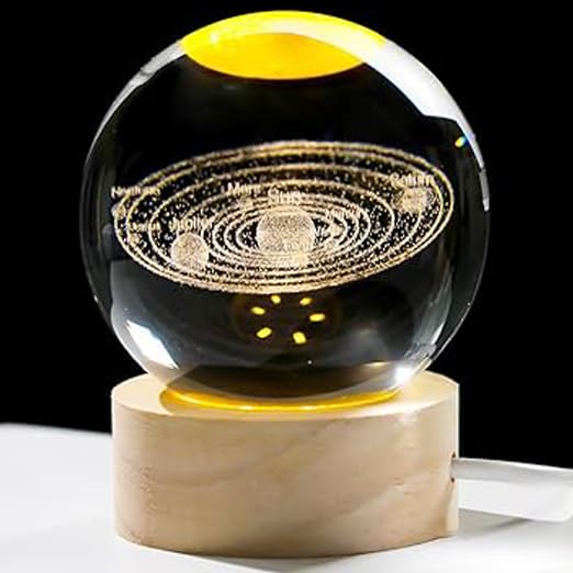Arikyrist 3D Solar System Crystal Ball Lamp with Wooden Base, Laser Engraved Solar System Model Glass Sphere Collection Figurines Science Astronomy Gifts for Space Lovers, Crystal Ball Home Decor