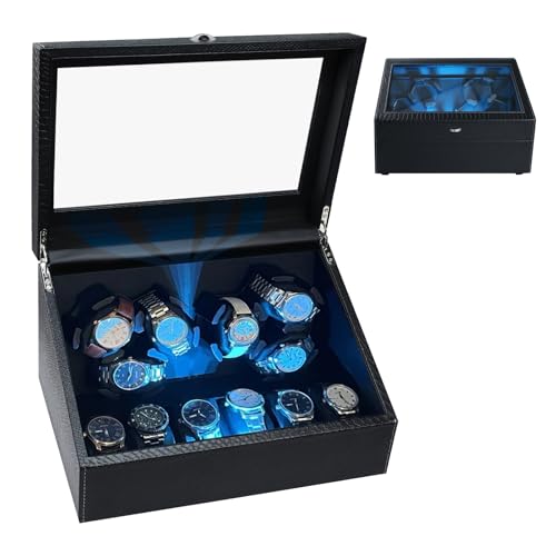 GAIN EXPRESS Caja de Relojes para Relojes Automáticos, 6 Relojes con Retroiluminación LED, Motor Silencioso, Múltiples Modos de Rotación, Compartimentos de Almacenamiento y Tapa Inteligente