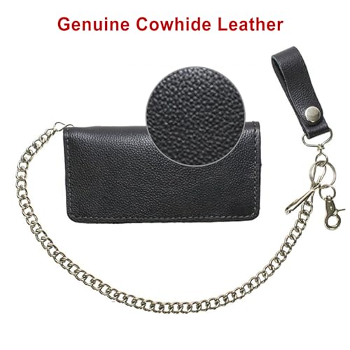 Dream Apparel Bifold Chain Wallet for Men and Women, Cowhide Leather Motorcycle Biker Wallet with Anti-Theft Steel Chain, Black ID Card Holder Trucker Wallet with Snap Closure4
