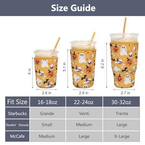 Image of 3 Pack Reusable Iced Coffee Sleeves - Xumbtvs Insulator Sleeve for Cold Beverages, Neoprene Coffee Cup Holder (Boo)