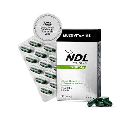 NDL Pro-Health Multivitaminas - Todas las vitaminas y minerales - Refuerza tu rutina diaria - Extracto de ginseng y hesperidina - Ayuda a disminuir el cansancio y la fatiga - 1 mes, 30 cápsulas