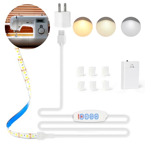 DOPLOEU Sewing Machine Light Strip -11.8in Flexible LED Sewing Lights with Battery Powered and USB Dimmable 3000K-6500K (Warm to Daylight White) Adhesive Back & Clips 3.3 Ft Power Cord