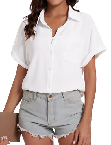 Kiiwah Blanca Blusa Manga Corta Mujer Elegante, Blusas Mujer Verano Primavera para Mujer, Tops Mujer Verano con Puños Doblados Bolsillos, Transpirable y Cómoda Blusas de Vestir de Mujer