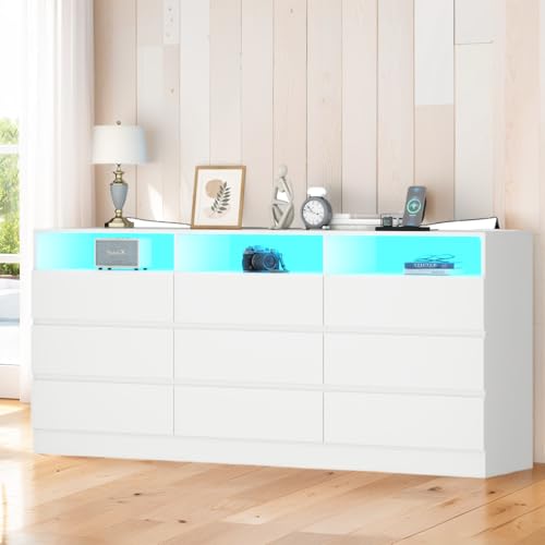 Image of Auromie 9 Drawers Dresser, Double Modern Chest of Drawers with Power Outlet, Dresser TV Stand with Led Light Strip, Drawer Organizer for Bedroom, Living Room, Hallway (White, 9 Drawer)