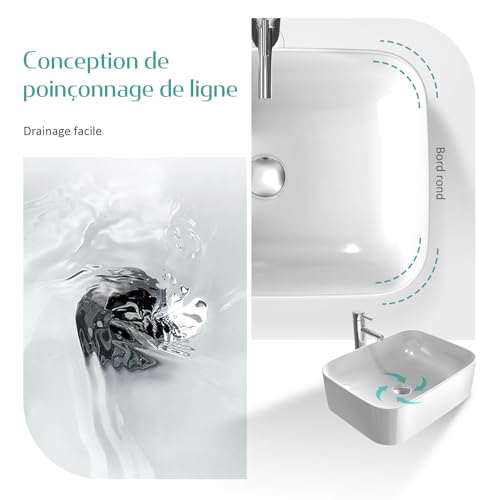 EMKE Aufsatzwaschtisch, rechteckig, 50,5 × 38 × 15 cm, Waschbecken für Gäste-WC, Aufsatzwaschbecken aus Keramik, für Waschbecken, Badezimmer, Weiß