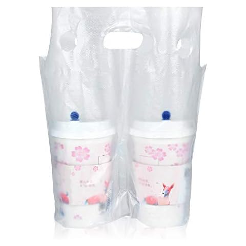 100PCS Plastic Handle Drink Carriers, Akamino Professional Clear Drink Packaging Bags - Hold 2 Cups, Portable Hanging Cup Carrier For Delivery Take Out Beverage Coffer Milk Juice Water(L12’’X W10.6’’) Cover