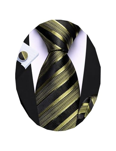 Image of Barry.Wang Man Stripe Ties Set Silk Woven Pocket Square Necktie Cufflinks Formal Party Business
