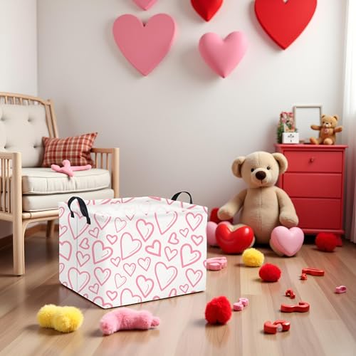 Image of Rectangular Valentines Basket for Home Kitchen Girls Cute Kids Storage Bin Organizer Shelf Book Room Decor(Pink Line Hearts)