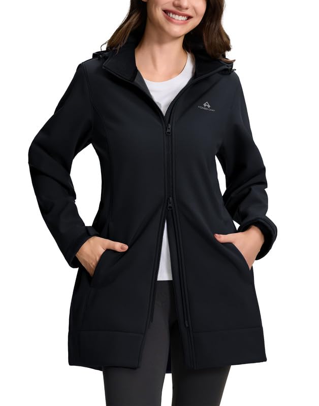 Pioneer Camp Softshell femme longue - vestes de randonnée softshell avec capuche - Imperméable et coupe-vent - Taille réglable - Parka de pluie avec fermeture éclair - Poches pour la randonnée