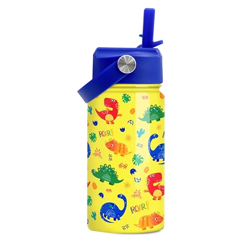 Image of Dinosaur Kids Water Bottle - 12 Oz Insulated Stainless Steel - Straw Lid for Toddlers & Kids - School & Sports Travel Cup