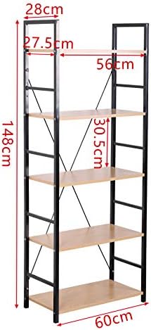 eSituro Heavy Duty 5-Tier Storage Shelves Ladder Bookshelf Industrial Bookcase Shelving Unit Stand with Black Metal Frame Light Oak Wooden Shelves 60 x 28 x 148CM SSTR0048
