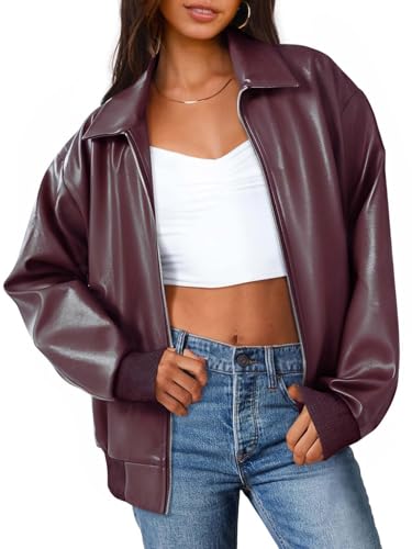 MEROKEETY Damenjacke aus Kunstleder, übergroß, für Herbst und Winter, Reißverschluss, Motorradmäntel, modische Outfits, Kleidung 2025, Burgunder, Medium MEROKEETY Damenjacke aus Kunstleder, übergroß, für Herbst und Winter, Reißverschluss, Motorradmäntel, modische Outfits, Kleidung 2025, Burgunder, Medium