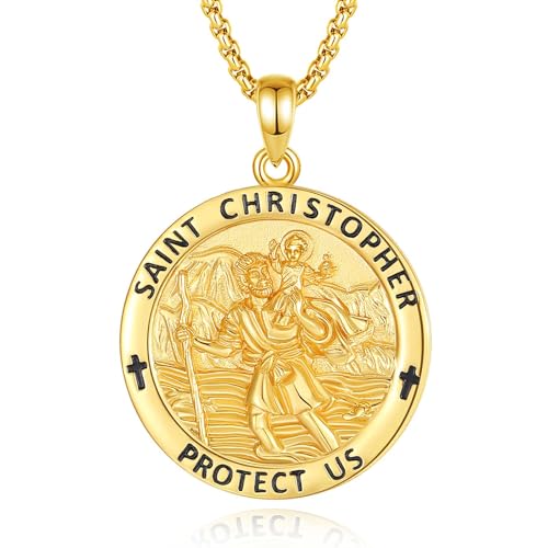 INFUSEU St Christopher Necklace Mens Gold Saint Christopher Medal Pendant Christian Jewelry for Women Religious Safe Travels Catholic Gifts Medallion Medallas De Oro Para Hombre Cristos Catolicos