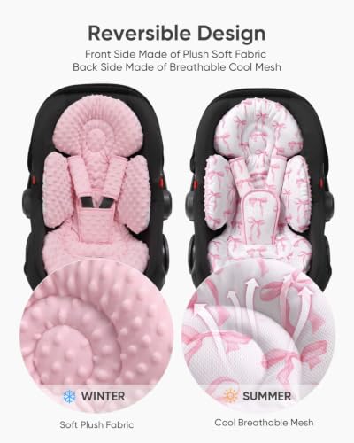 Image of TinlyFinly Newborn Carseat Insert, Baby Head and Body Support, Pink Bow