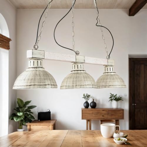 Licht-Erlebnisse Tavolo da pranzo a sospensione vintage/bianco/bianco/legno e metallo/sala da pranzo a sospensione/rustico / 3x E27 fino a 60 Watt 230V / cucina retrò Shabby Chic lampada