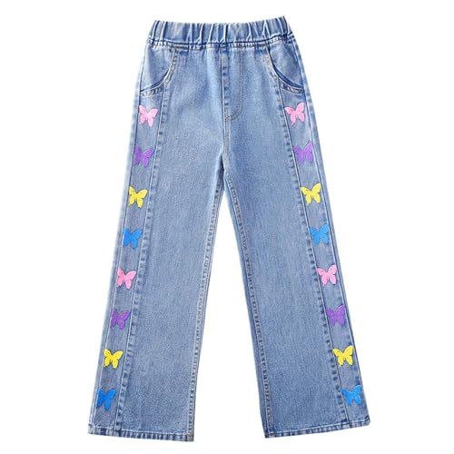 Girls Y2k Straight Jeans Elastic Waist Colorful Butterfly Printing Wide Leg Denim Pants Cute Harajuku Fashion Trousers