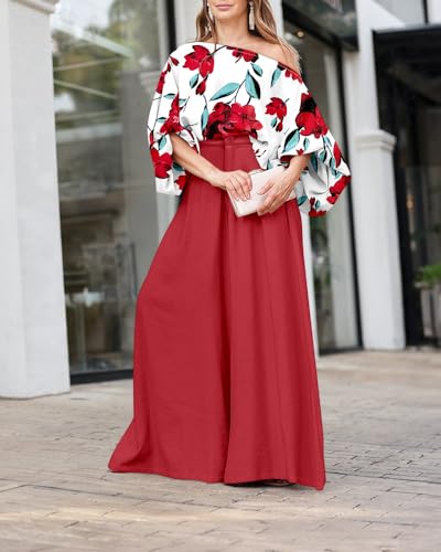 Image of CHICME Women Summer 2 Piece Outfits Off Shoulder Top Flowy Wide Leg Pants Set Vacation Travel Airport Outfits