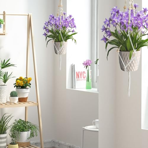 Surplex Macramé Hangmand, set van 5 Boho Decoratieve Katoenen Touw Plantenhangers, Bloempot Plantenhouder met Haken voor Binnen Buiten Tuin Plafond, Balkon, Muur, Woondecoraties, Beige - Afbeelding 3