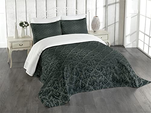 ABAKUHAUS Dunkelgrau Tagesdecke Set, Schwarze Damast-Blumen, Set mit Kissenbezügen Waschbar, für Doppelbetten 264 x 220 cm, Grau Schwarz