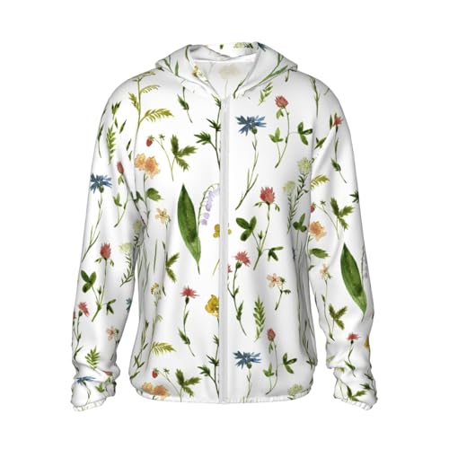 Floral Watercolor Drawing Sun Protection Hoodie Zip Rash Guard Long Sleeve Shirt for Fishing Hiking for Mens Womens