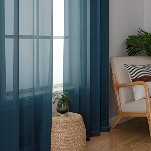 Image of Simplebrand Dusty Blue Short Sheer Kitchen Curtains 36 Inch Length Tier Rod Pocket Cafe Drapes Half Window for Bathroom Small Windows 42 x 36 Inch, 2 Panels