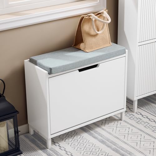 SoBuy Banco Zapatero con Asiento - Zapatero Recibidor para Entrada y Recibidor, Almacenaje para 4 Pares de Zapatos, 113kg de Carga, Diseño Moderno, Blanco, 60x24x52cm, FSR151-K-W - imagen 2