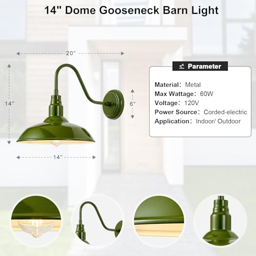 Image of 14 Inch Dome Outdoor Gooseneck Barn Lights Olive Green Farmhouse Exterior Wall Lights for Porch, 2Pack Patio Barn Style Wall Mount Gooseneck Lighting for House, Garage