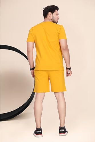 Image of HOODMASTER Men's Cotton Night Suit Set of Top & Knee Length Shorts with Round Neck Half Sleeves Solid Pattern Regular Fit and Standard Length | Mens Cotton Night Suit | T-Shirt and Shorts Sets