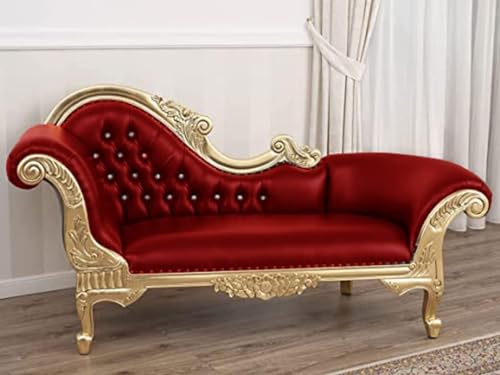 Image of Chaise Lounge Royal Carving Sofa Design Golden Polished and Leatherette Cover (Red, Velvet)