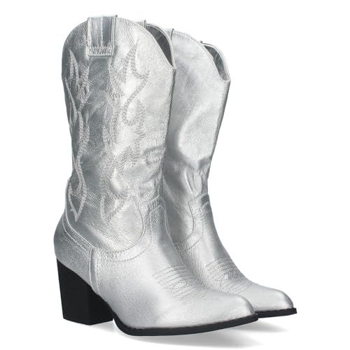 79167 Bota Campera con Tacon, Comodas, Bordado en Cana y Empeine, Estilo Vaquero Cierre de Cremallera, Ideales Otono Invierno Plata Talla 36