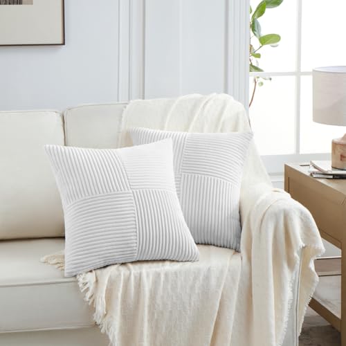 Image of Fancy Homi 2 Packs Pure White Decorative Throw Pillow Covers 20x20 Inch for Living Room Couch Bed Sofa, Rustic Farmhouse Boho Home Decor, Soft Corss Corduroy Patchwork Accent Cushion Case 50x50 cm