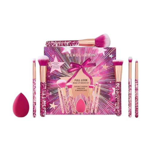 Revolution Full Look Makeup Brush Gift Set 7-Piece Eye Face & Cheek Collection with Blending Sponge Vegan & Cruelty-Free