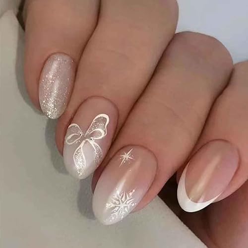 Uñas francesas cortas a presión con punta francesa, uñas postizas de almendra, uñas blancas brillantes para mujeres, 24 unidades por juego