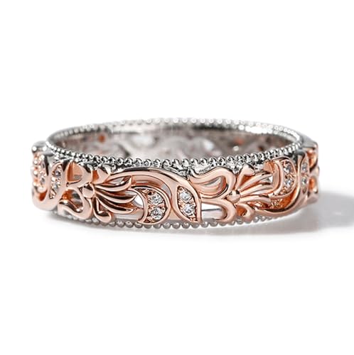 Jeulia Floral Ring Band Sterling Silver Two Tone Leaf Carved Vintage Unique Hollow Flower Rose Gold Jewelry Engagement Wedding Bridal Sets Stackable Anniversary Promise with Gift Box (Floral 6)