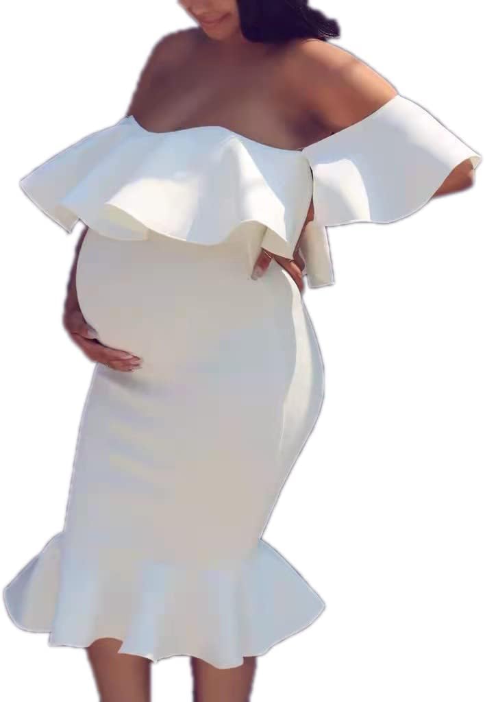 Off The Shoulder Maternity Dress Summer, Elegant Baby Shower Dress Bodycon Mermaid Midi with Ruffle Short Sleeves for Women