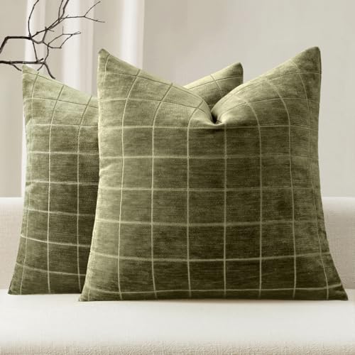 Image of MIULEE Olive Green Plaid Decorative Throw Pillow Covers 18x18 Set of 2 | Vintage Check Chenille Couch Pillows Neutral Boho Farmhouse Cushion Covers Modern Home Decor for Sofa Bed Living Room