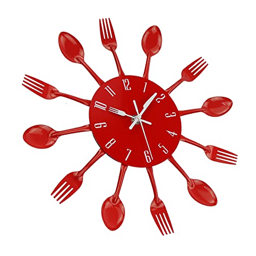 Timelike Kitchen Wall Clock, 3D Removable Modern Creative Cutlery Kitchen Spoon Fork Wall Clock Mirror Wall Decal Wall Sticker Room Home Decoration (Red) #TOP2