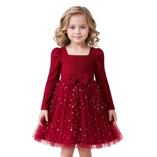 NNJXD Little Girl Tulle Dress Princess Holiday Party Star Sequin Long Sleeves Winter Autumn Clothes 2170 Red Size(7Y) 6-7 Years