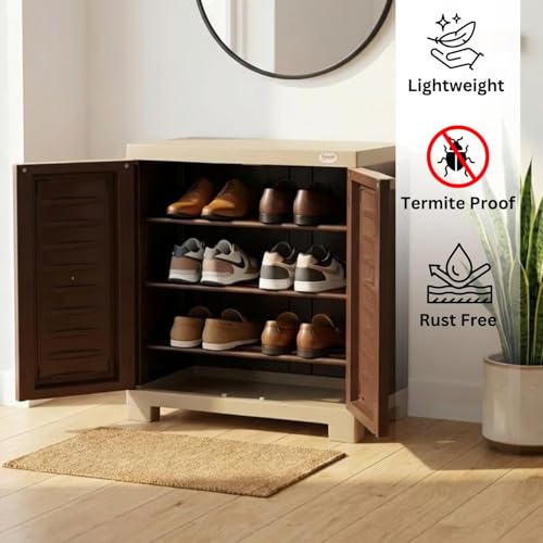 Image of Supreme Fusion SR 01 Plastic Shoe Rack Cabinet, Brown and Beige, 2 Door with 3 Adjustable Shelves, Water and Rust Proof