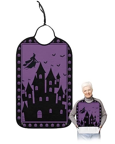 Halloween Adult Bibs for Eating, Waterproof Bibs with Food Catcher & Adjustable Snap Closure, Castle Witch Black Silhouette Pumpkin Purple Washable Clothing Protectors Adult Bibs for Elderly Women/Men