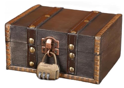 Zbozzba Cofre del tesoro de madera con cerradura de combinación, cofre del tesoro, cofre del tesoro de madera vintage, caja con cerradura, para joyas, decoración y almacenamiento,Marrón Vintage