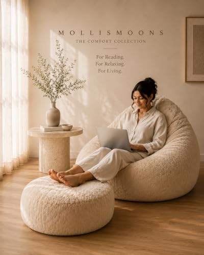 Image of Mollismoons Lounge Set | Luxury Faux Fur Bean Bag Chair + Round Floor Cushion | Ultra Soft Washable Cover Only (Without Beans) Signature Collection (Beige, Lounge Set)