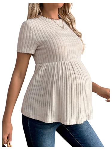 RoseSeek Women's Ruffle Hem Maternity T Shirt Short Sleeve Crewneck Ribbed Knit Peplum Tee Tops Apricot X-Large