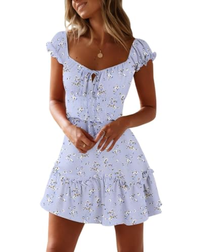 Image of Womens Summer Sundress Ruffle Sleeve Sweetheart Neck Print Mini Dress | Sundresses, Smocked Waist, Boho Floral, Flowy Ruffle Hem, Beach, Country Concert, Date Night